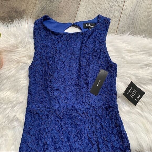 NWT Lulu’s Lace Overlay Royal Blue Dress Gown Size Small - Picture 5 of 10